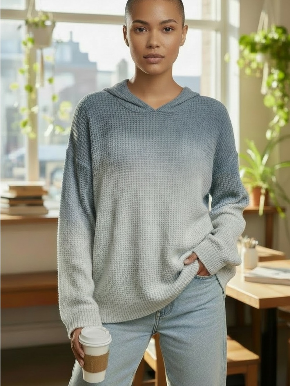 Promesa Ombre Scoop Neck Ribbed Knit Blue Hoodie Sweater Relaxed Fit Size XL
